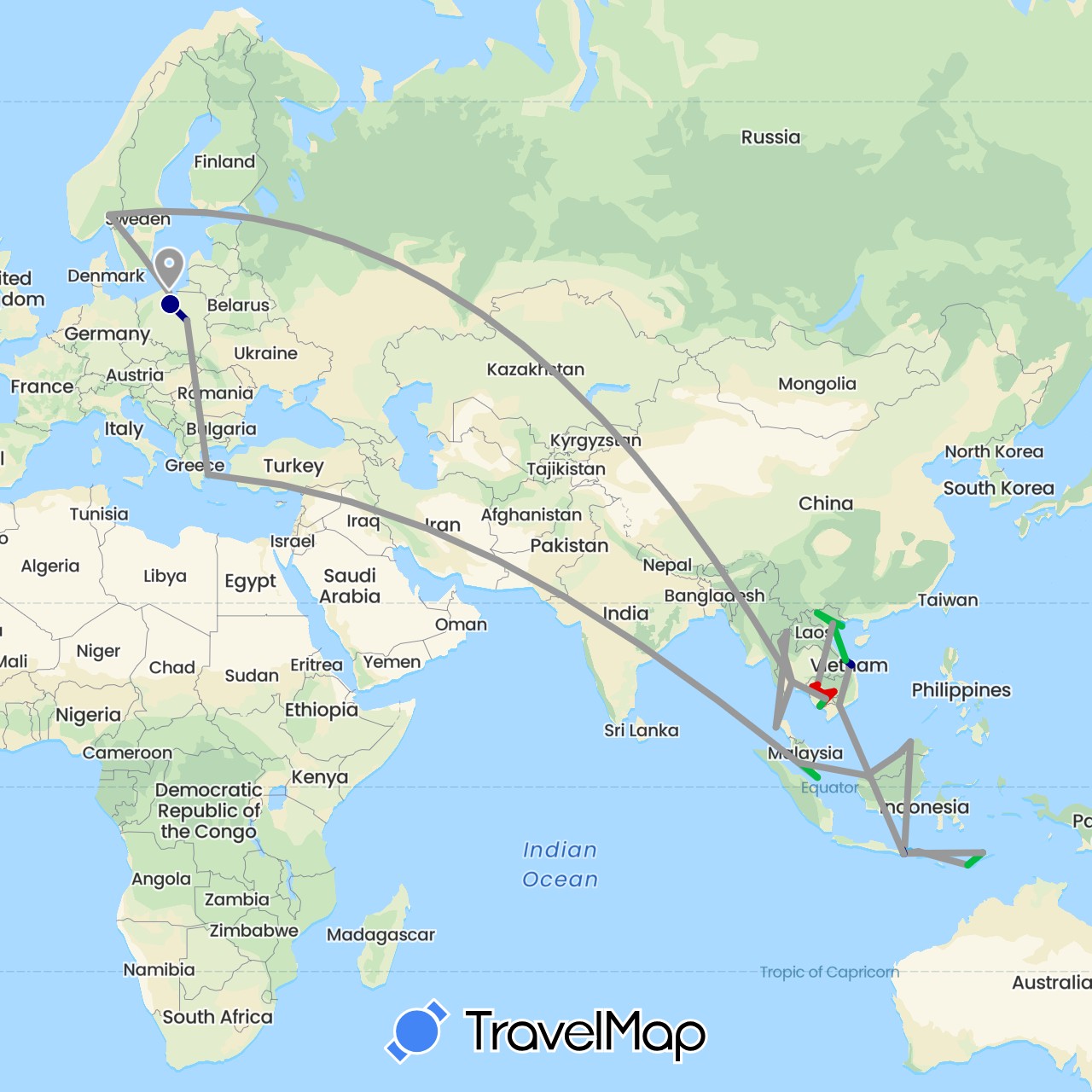 TravelMap itinerary: driving, bus, plane, boat, tuk tuk in Brunei, Greece, Indonesia, Cambodia, Malaysia, Norway, Poland, Singapore, Thailand, East Timor, Vietnam (Asia, Europe)